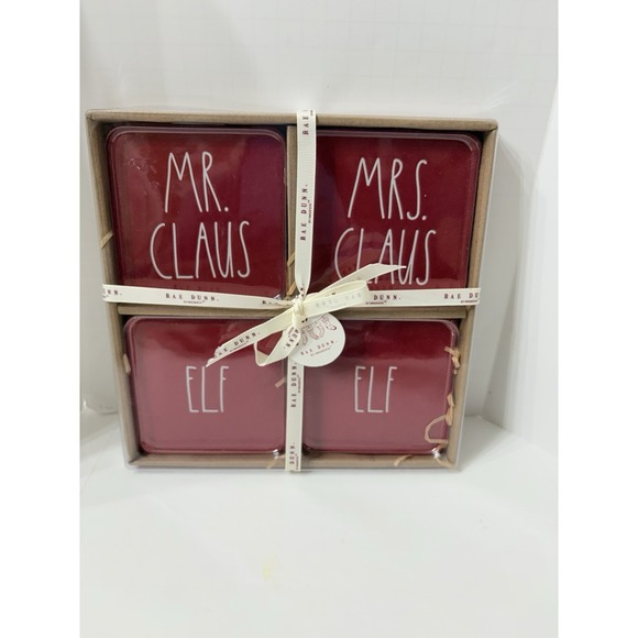 Rae Dunn Christmas‎ Coaster Set Square Red Tiles Mr Claus Mrs Claus Elf Holiday - Picture 1 of 3
